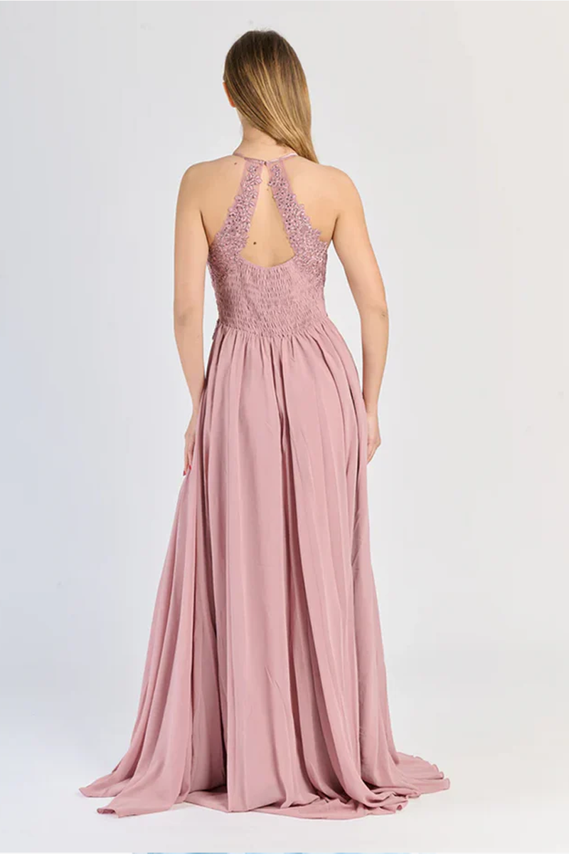 "Edera" Long Ceremony Dress with Lace Bodice and Side Slit