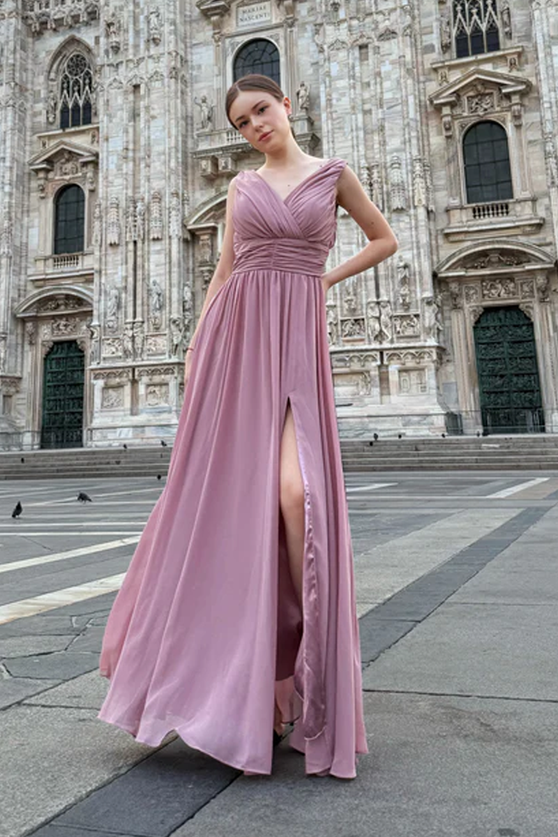 Abito “Callista” – Vestito Lungo Scollo a V con Spalline Drappeggiate e Spacco Laterale