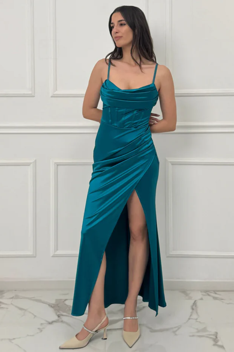 Satin dress with boning bodice and side slit Romina