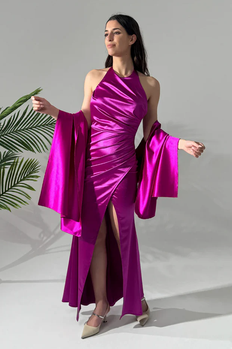 Aria Halter Neck Draped Satin Dress