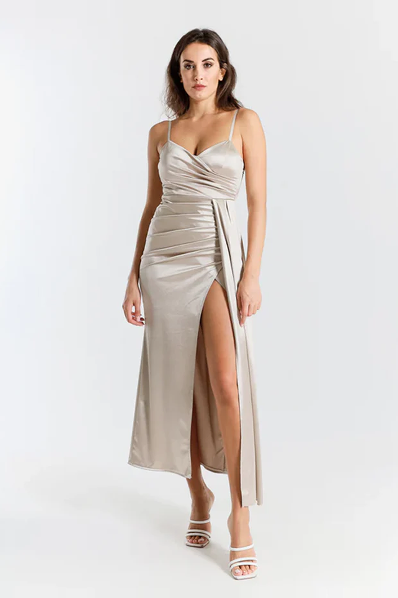 Beatrice Draped Satin Maxi Dress with Side Slit