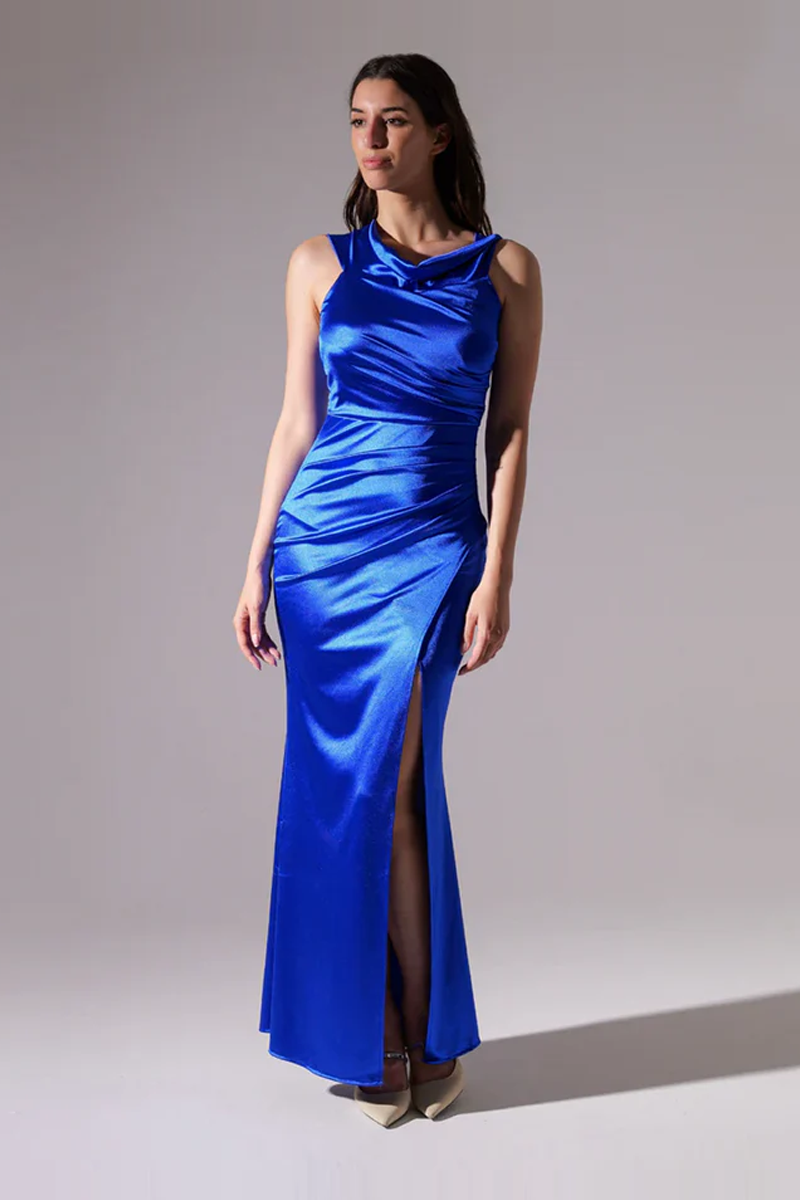 Rochie drapată cu umerii goi, albastru deschis