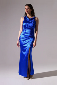 Rochie drapată cu umerii goi, albastru deschis
