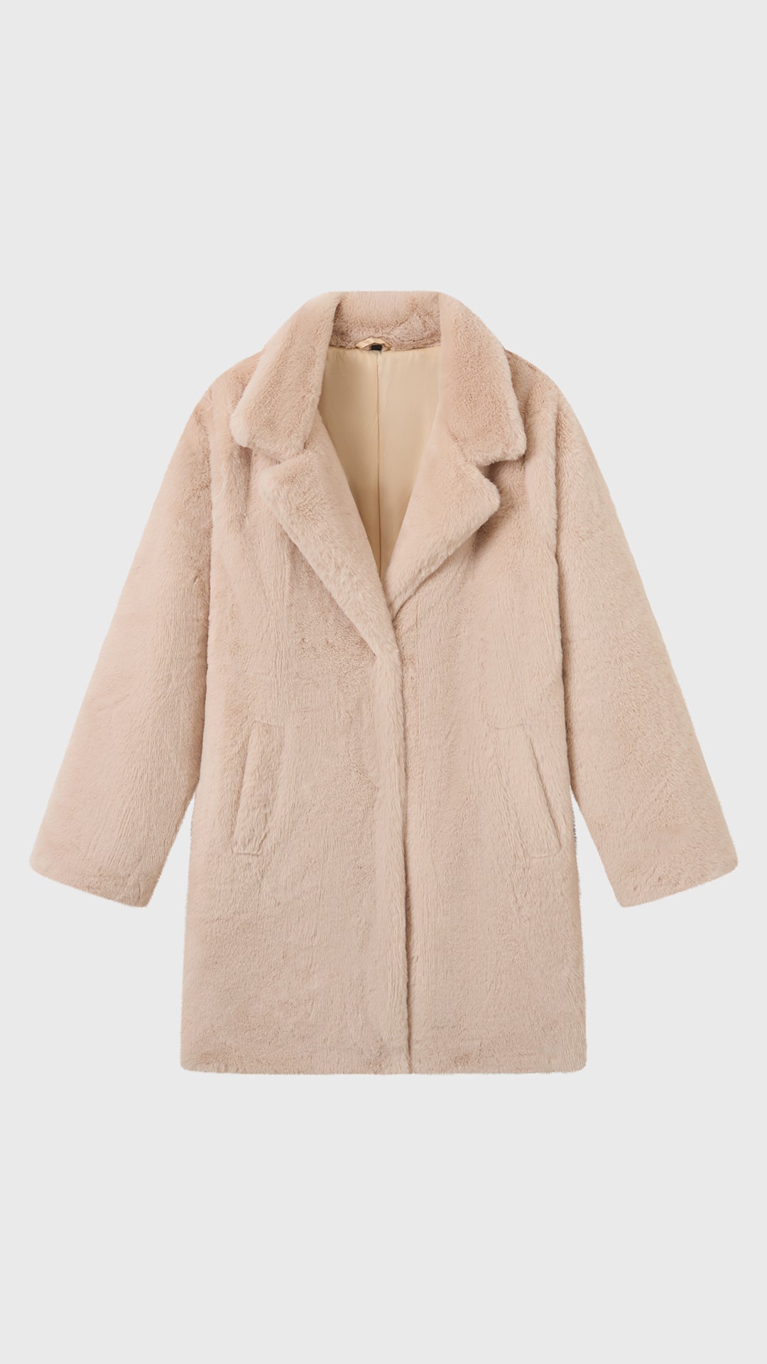 Cappotto medio in peluche sintetica con colletto a revers