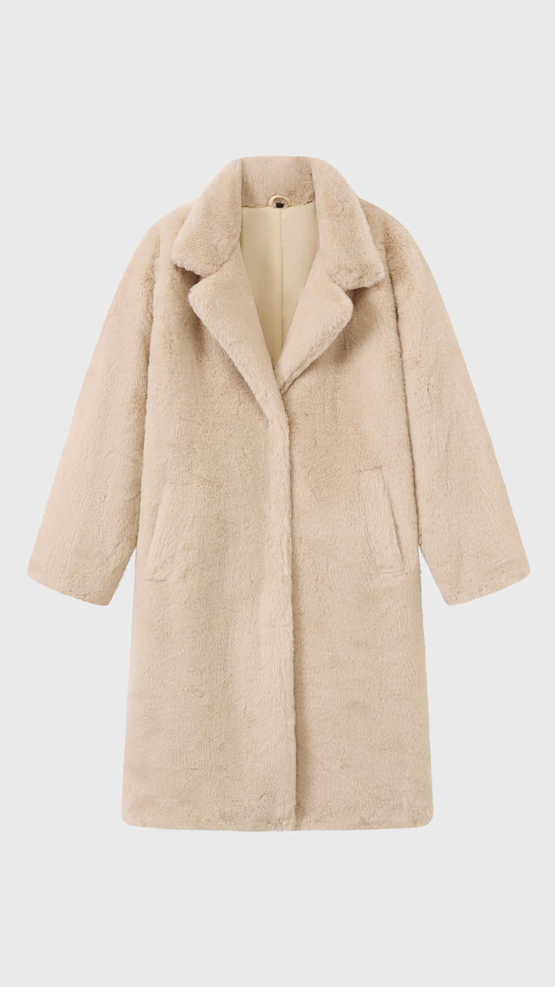 Cappotto lungo in peluche sintetica con colletto a revers