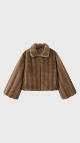 Giacca cropped in pelliccia sintetica con collo e zip frontale