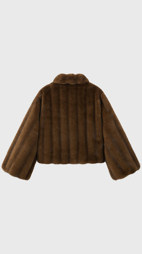 Giacca cropped in pelliccia sintetica con collo e zip frontale