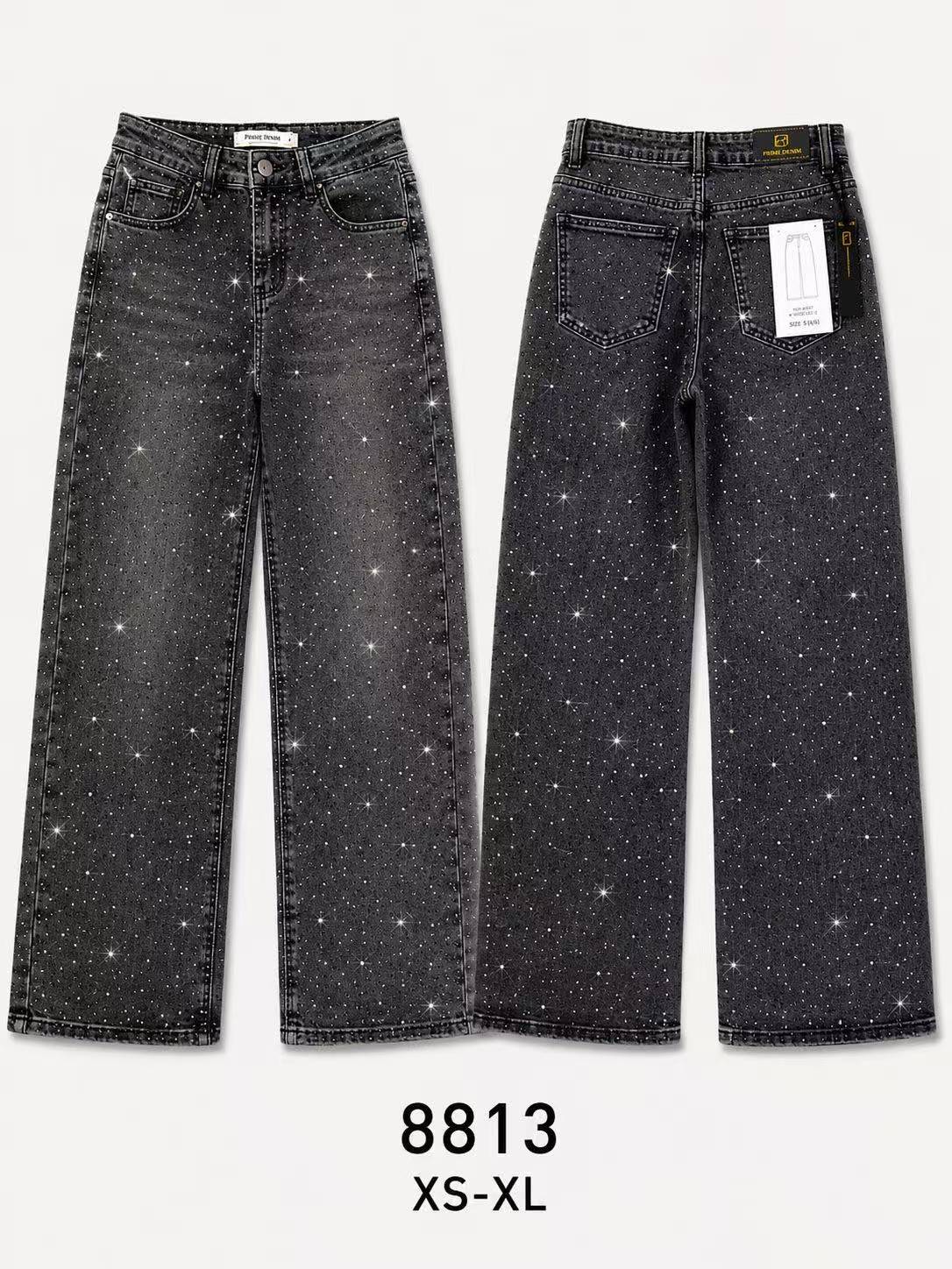 Pantaloni jeans wide leg vita alta donna, jeans nero lavaggio vintage con strass a stelle, moda festa urbana, taglie XS-XL