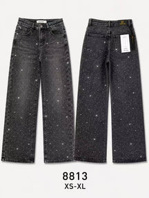 Pantaloni jeans wide leg vita alta donna, jeans nero lavaggio vintage con strass a stelle, moda festa urbana, taglie XS-XL
