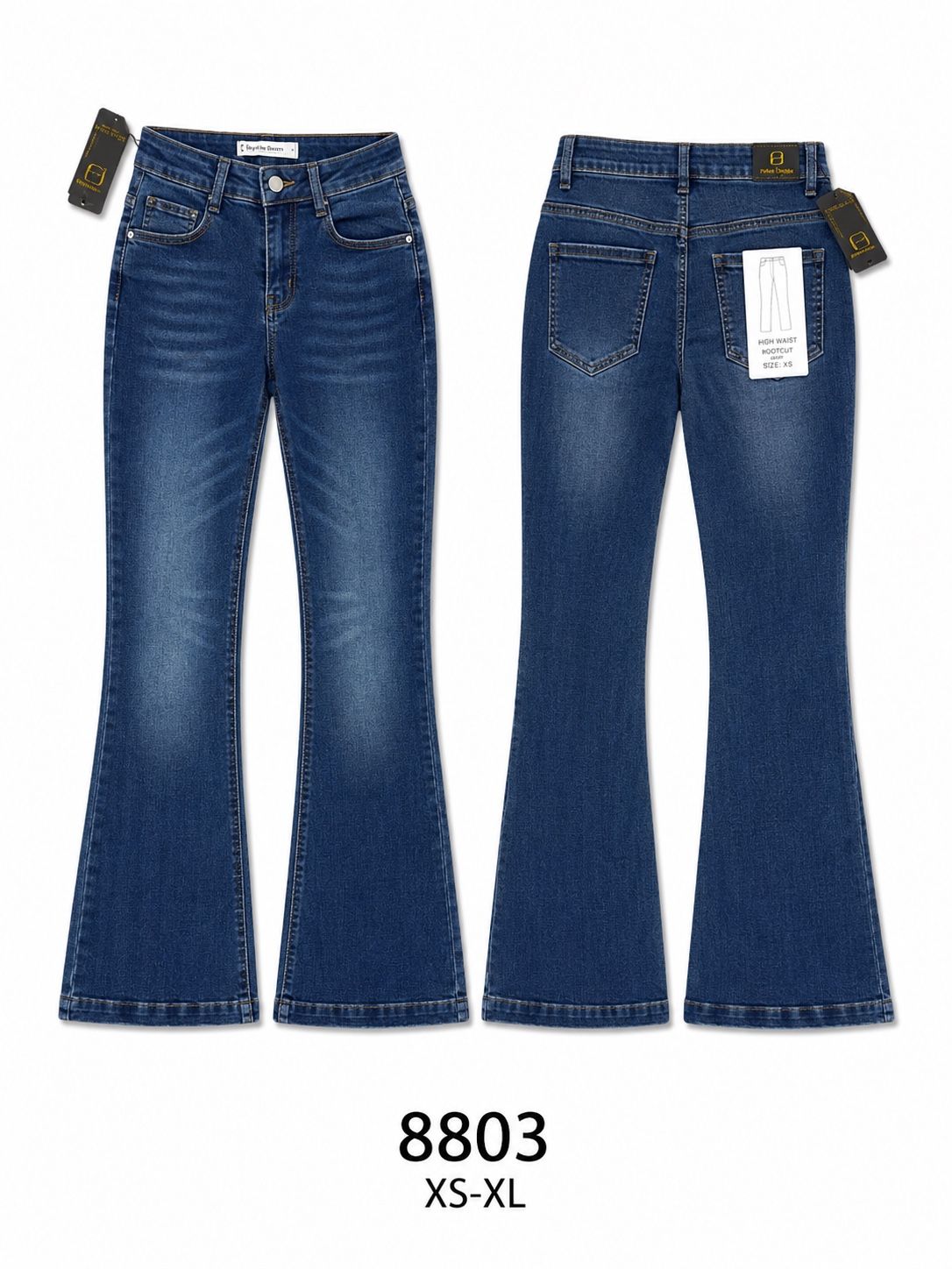 Pantaloni jeans a zampa vita alta donna, modello classico lavaggio sfumato, pantaloni casual di tendenza, taglie XS-XL