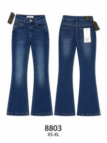 Pantaloni jeans a zampa vita alta donna, modello classico lavaggio sfumato, pantaloni casual di tendenza, taglie XS-XL