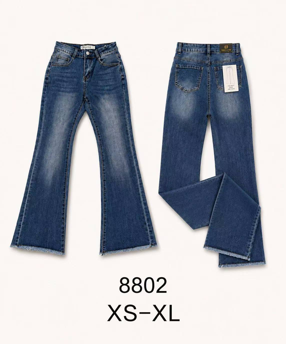 Pantaloni jeans a zampa vita alta donna, jeans con stampa sottile e orlo sfilato, modello fashion urbano, taglie XS-XL