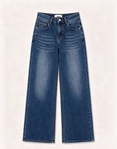Pantaloni jeans a gamba larga vita alta donna, jeans basic larghi effetto sfumato, modello casual quotidiano, taglie XS-XL