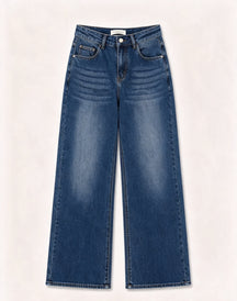 Pantaloni jeans a gamba larga vita alta donna, jeans basic larghi effetto sfumato, modello casual quotidiano, taglie XS-XL