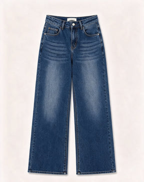 Pantaloni jeans a gamba larga vita alta donna, jeans basic larghi effetto sfumato, modello casual quotidiano, taglie XS-XL