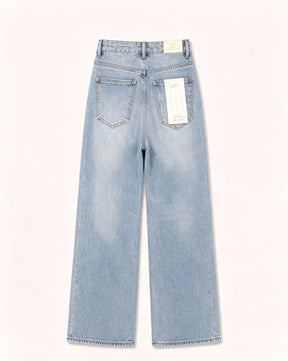 Pantaloni jeans a gamba larga vita alta donna, jeans basic larghi effetto sfumato, modello casual quotidiano, taglie XS-XL