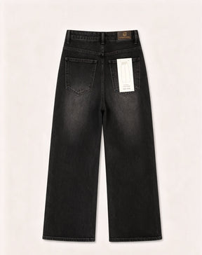 Pantaloni jeans a gamba larga vita alta donna, jeans basic larghi effetto sfumato, modello casual quotidiano, taglie XS-XL