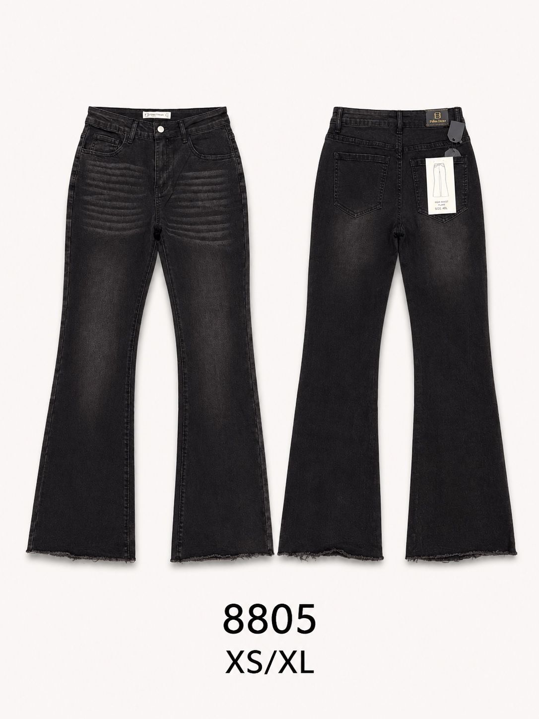 Pantaloni jeans a zampa vita alta donna, jeans effetto lavaggio sbiadito con orlo sfilato, modello casual, taglie XS-XL