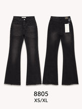 Pantaloni jeans a zampa vita alta donna, jeans effetto lavaggio sbiadito con orlo sfilato, modello casual, taglie XS-XL