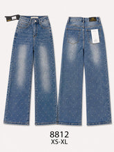 Pantaloni jeans a gamba larga vita alta donna, jeans decorati con strass, modello casual a zampa, taglie XS-XL