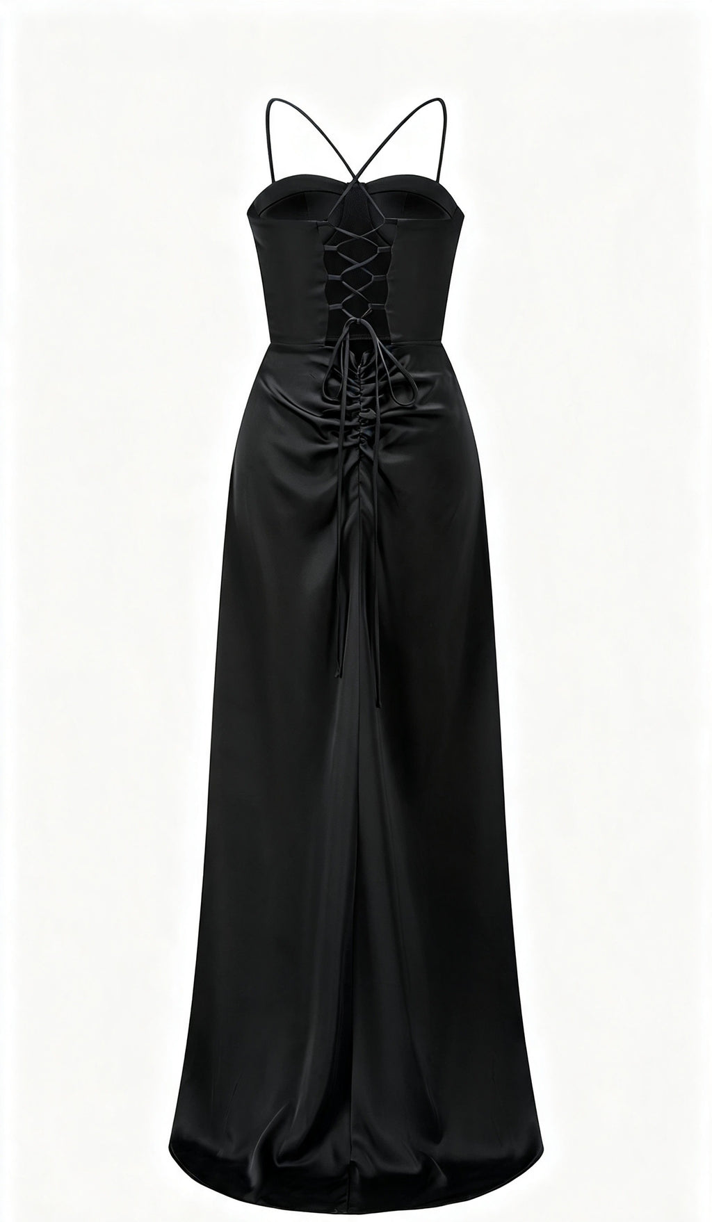 Abito lungo raso donna spalline incrociate, corpetto stile corsetto, gonna con spacco laterale elegante