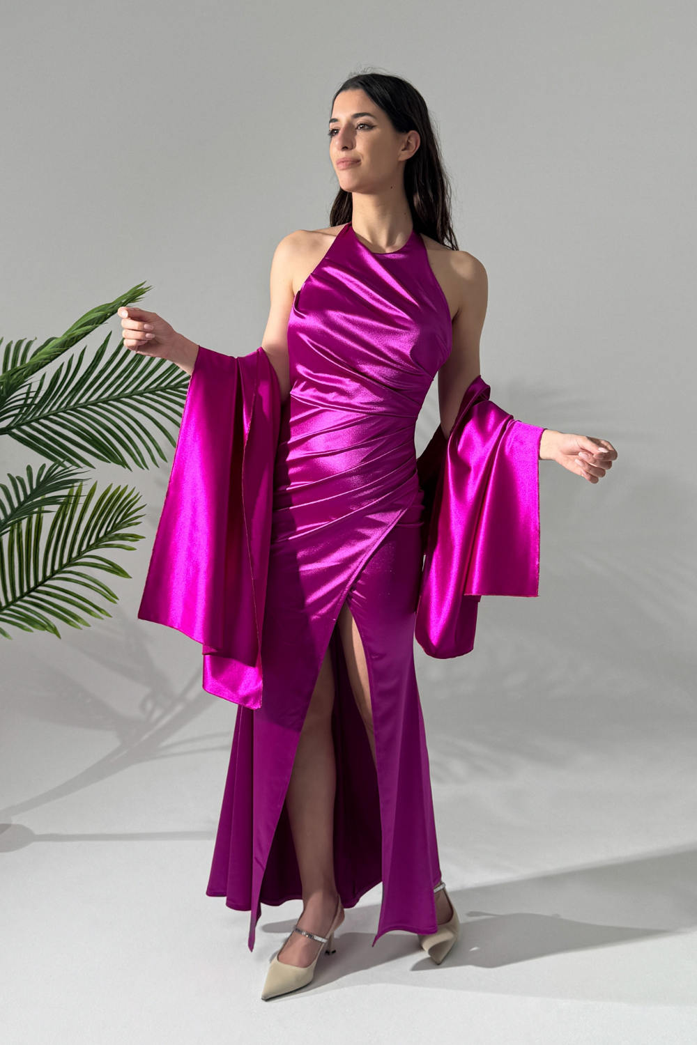 Aria Halter Neck Draped Satin Dress