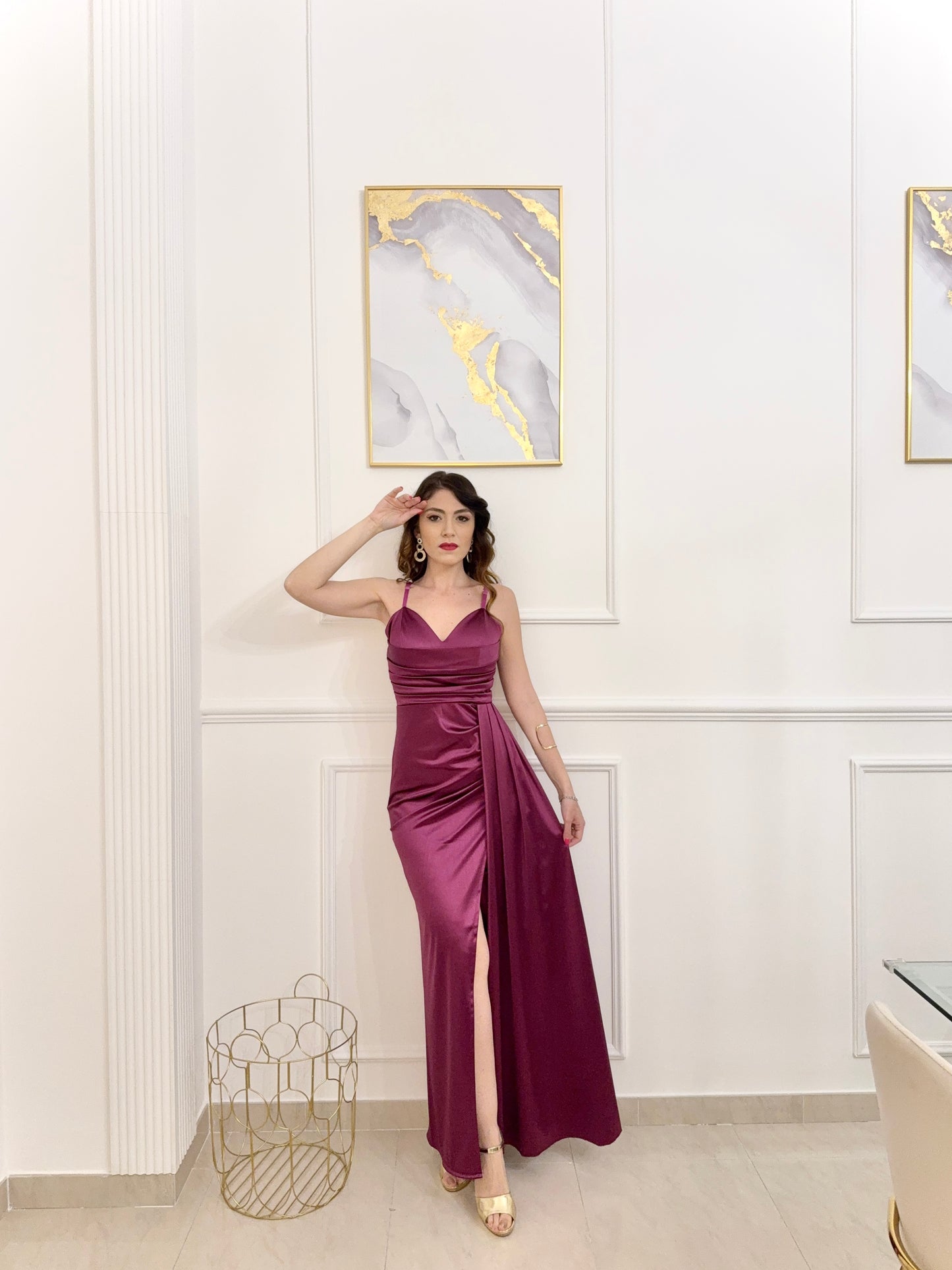 Rochie lungă Emma din satin drapat