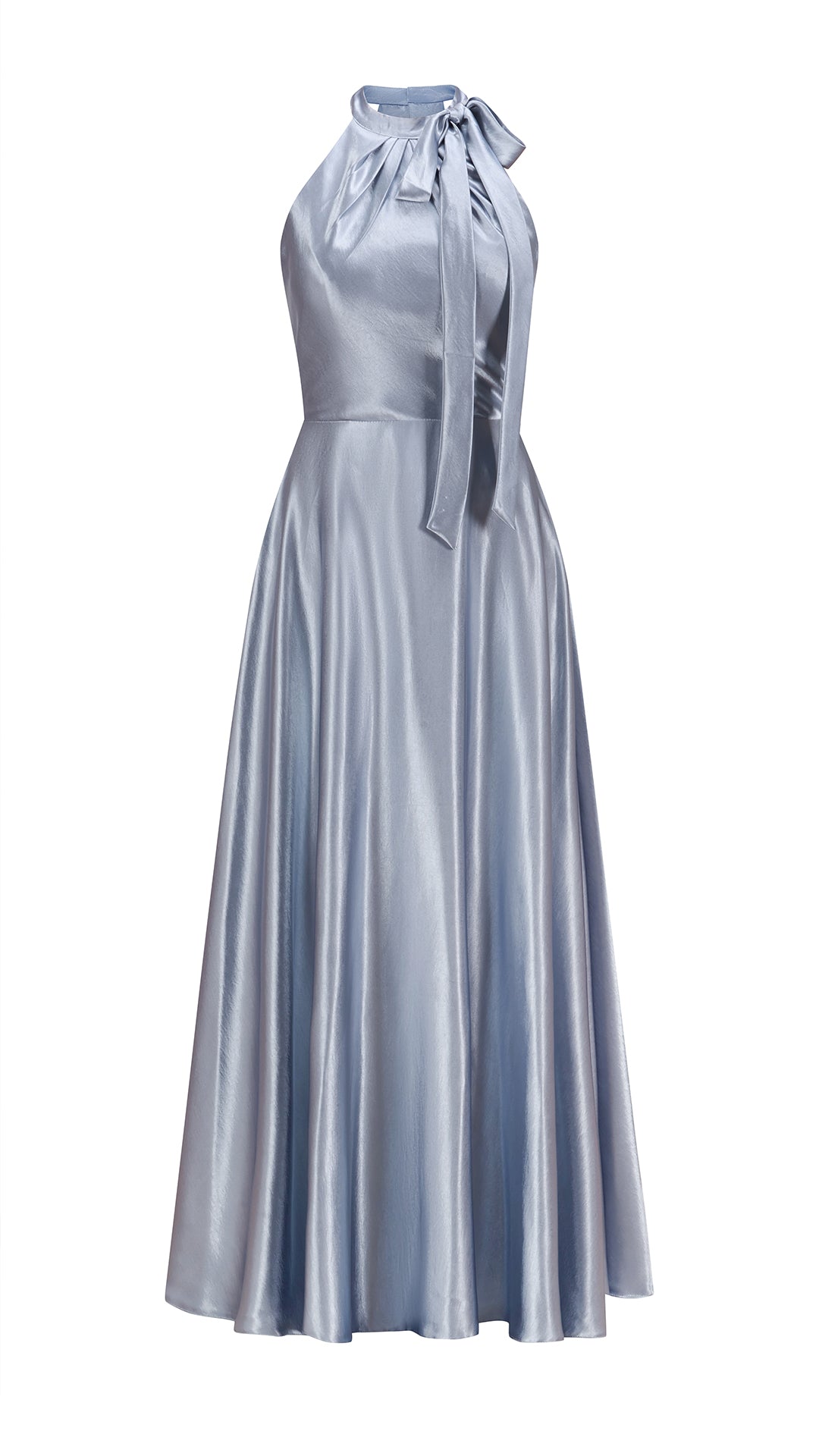 Vestito Lungo Satin Donna Collo Halter con Fiocco Legabile, Abito Elegante Vita Definita e Gonna Ampia da Cerimonia