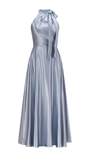Vestito Lungo Satin Donna Collo Halter con Fiocco Legabile, Abito Elegante Vita Definita e Gonna Ampia da Cerimonia