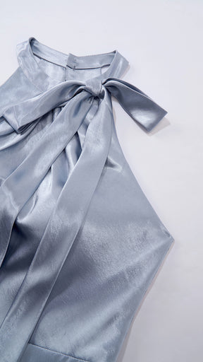 Vestito Lungo Satin Donna Collo Halter con Fiocco Legabile, Abito Elegante Vita Definita e Gonna Ampia da Cerimonia