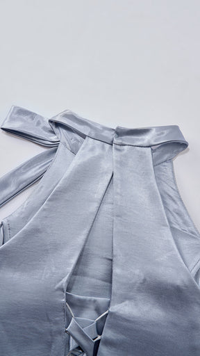 Vestito Lungo Satin Donna Collo Halter con Fiocco Legabile, Abito Elegante Vita Definita e Gonna Ampia da Cerimonia