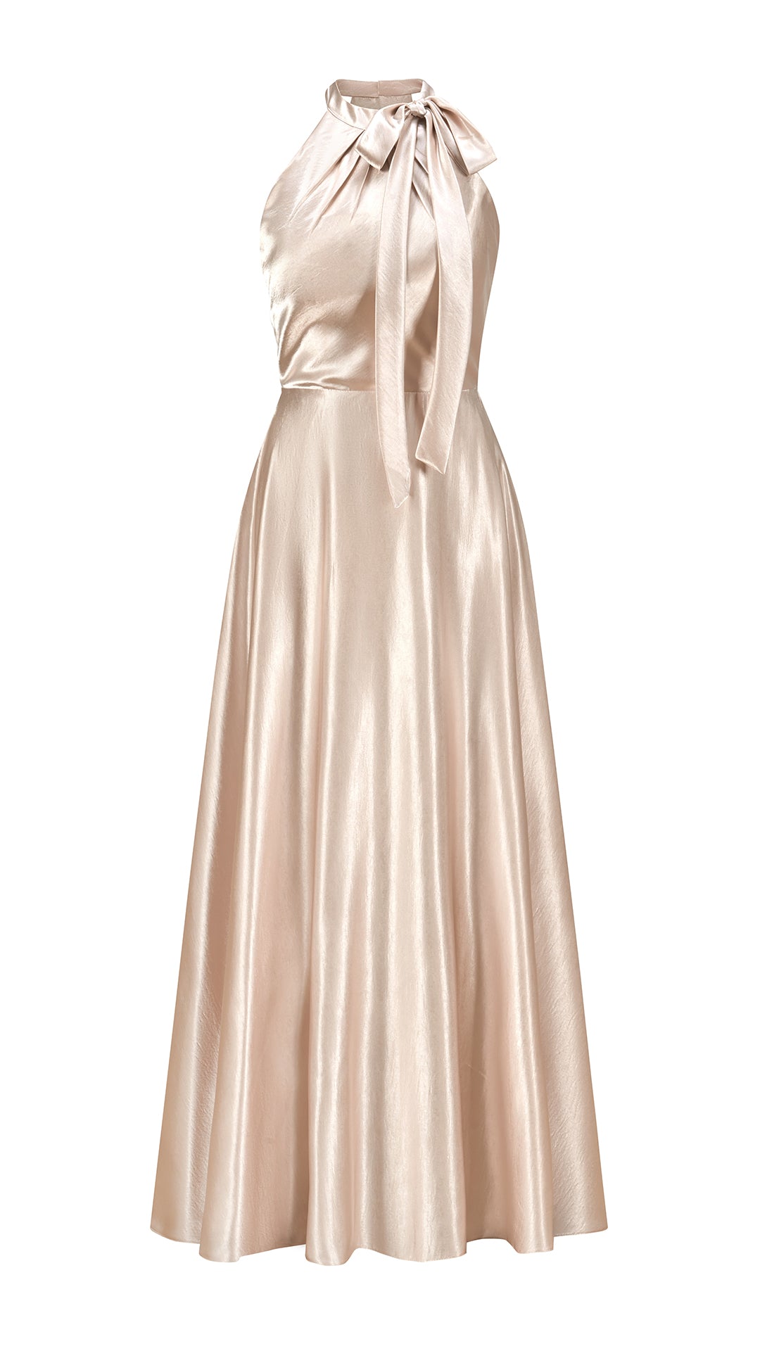 Vestito Lungo Satin Donna Collo Halter con Fiocco Legabile, Abito Elegante Vita Definita e Gonna Ampia da Cerimonia