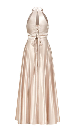 Vestito Lungo Satin Donna Collo Halter con Fiocco Legabile, Abito Elegante Vita Definita e Gonna Ampia da Cerimonia