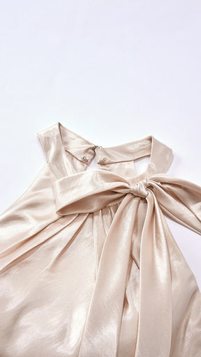 Vestito Lungo Satin Donna Collo Halter con Fiocco Legabile, Abito Elegante Vita Definita e Gonna Ampia da Cerimonia