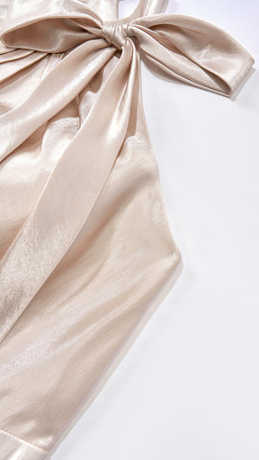 Vestito Lungo Satin Donna Collo Halter con Fiocco Legabile, Abito Elegante Vita Definita e Gonna Ampia da Cerimonia