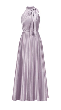 Vestito Lungo Satin Donna Collo Halter con Fiocco Legabile, Abito Elegante Vita Definita e Gonna Ampia da Cerimonia