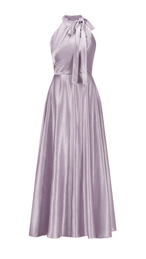 Vestito Lungo Satin Donna Collo Halter con Fiocco Legabile, Abito Elegante Vita Definita e Gonna Ampia da Cerimonia