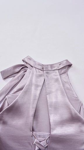 Vestito Lungo Satin Donna Collo Halter con Fiocco Legabile, Abito Elegante Vita Definita e Gonna Ampia da Cerimonia