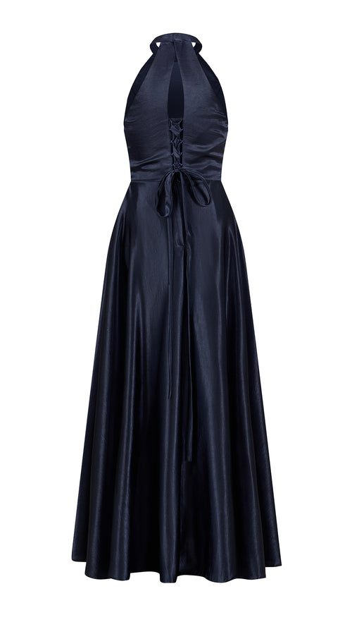 Vestito Lungo Satin Donna Collo Halter con Fiocco Legabile, Abito Elegante Vita Definita e Gonna Ampia da Cerimonia