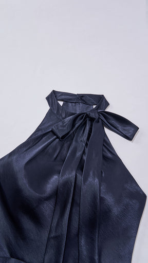 Vestito Lungo Satin Donna Collo Halter con Fiocco Legabile, Abito Elegante Vita Definita e Gonna Ampia da Cerimonia