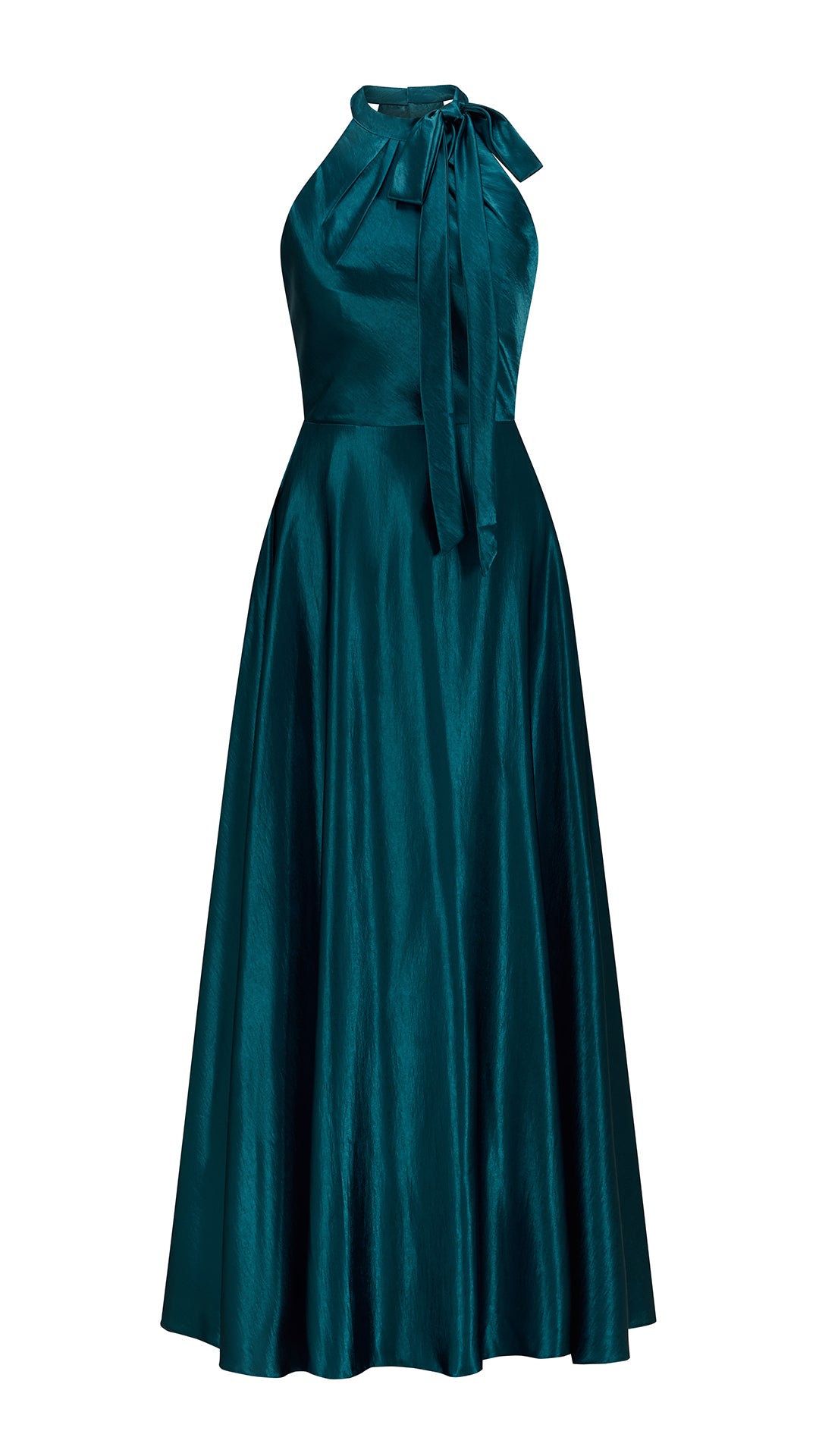 Vestito Lungo Satin Donna Collo Halter con Fiocco Legabile, Abito Elegante Vita Definita e Gonna Ampia da Cerimonia