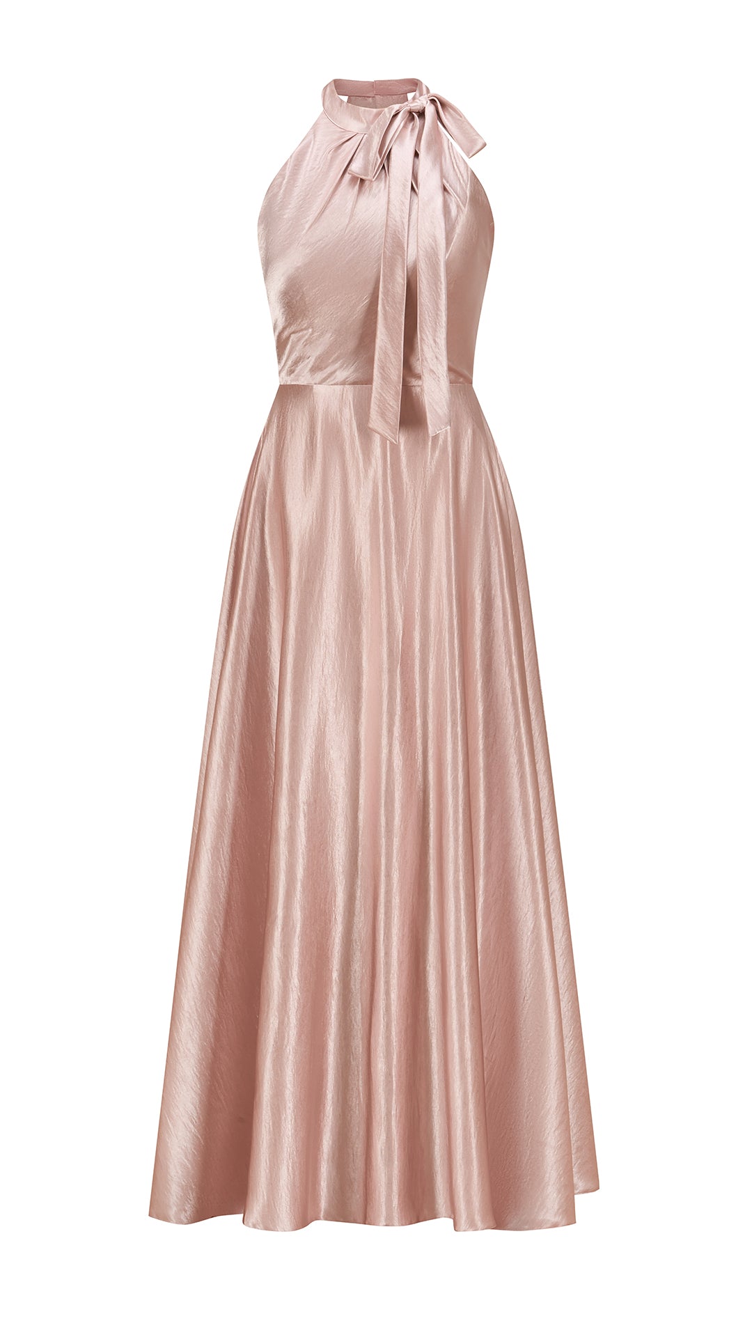 Vestito Lungo Satin Donna Collo Halter con Fiocco Legabile, Abito Elegante Vita Definita e Gonna Ampia da Cerimonia