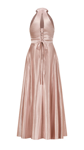Vestito Lungo Satin Donna Collo Halter con Fiocco Legabile, Abito Elegante Vita Definita e Gonna Ampia da Cerimonia