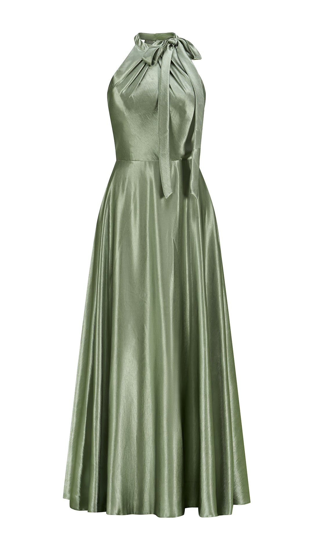Vestito Lungo Satin Donna Collo Halter con Fiocco Legabile, Abito Elegante Vita Definita e Gonna Ampia da Cerimonia