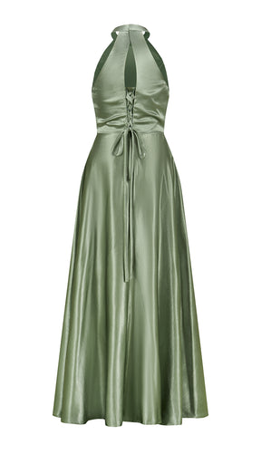 Vestito Lungo Satin Donna Collo Halter con Fiocco Legabile, Abito Elegante Vita Definita e Gonna Ampia da Cerimonia