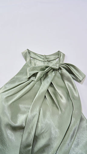 Vestito Lungo Satin Donna Collo Halter con Fiocco Legabile, Abito Elegante Vita Definita e Gonna Ampia da Cerimonia
