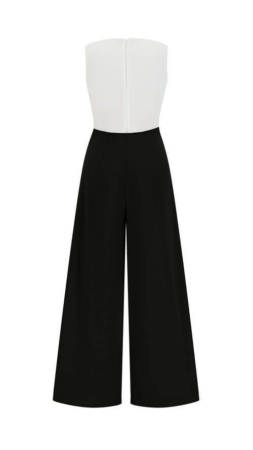 Tuta Intera Donna Senza Maniche a V, Pantaloni Zampa con Sovrapposto e Spilla Decorativa, Elegante per Eventi e Cerimonie
