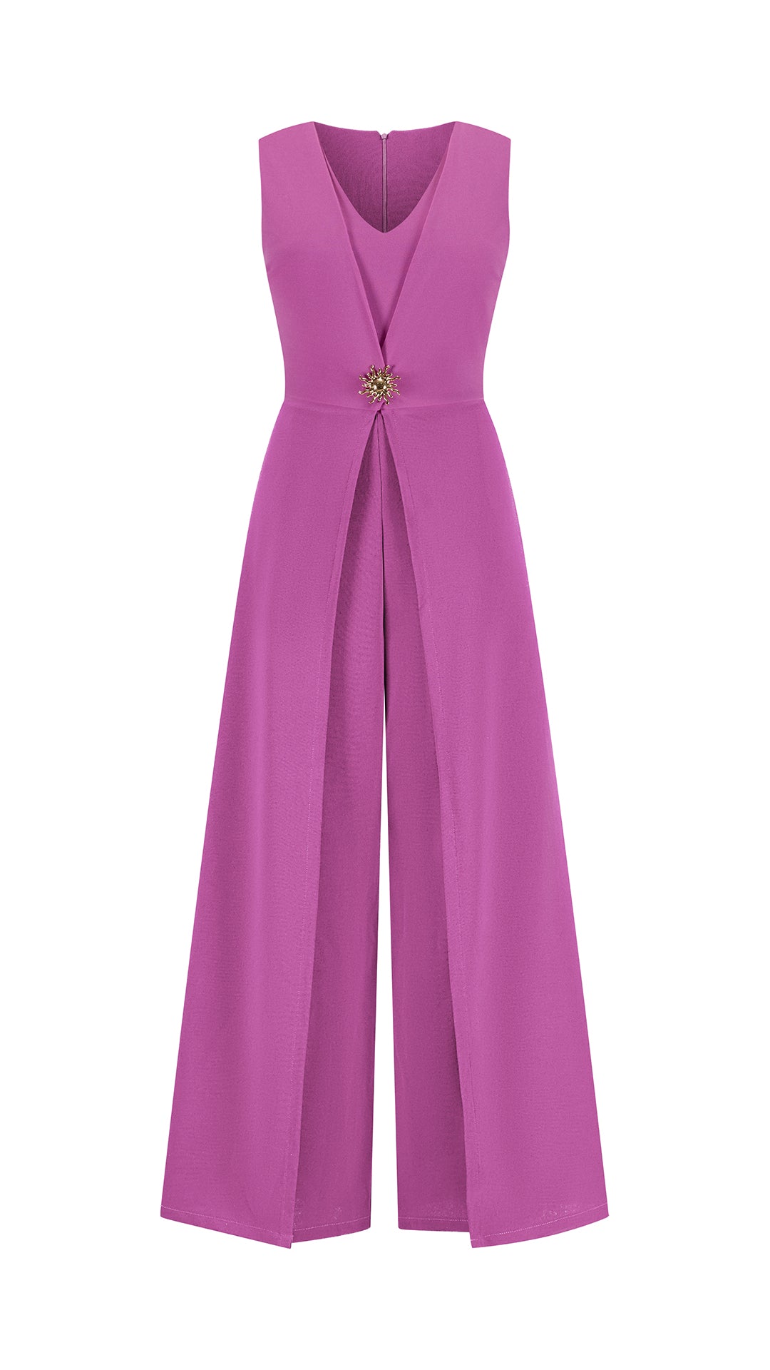 Tuta Intera Donna Senza Maniche a V, Pantaloni Zampa con Sovrapposto e Spilla Decorativa, Elegante per Eventi e Cerimonie
