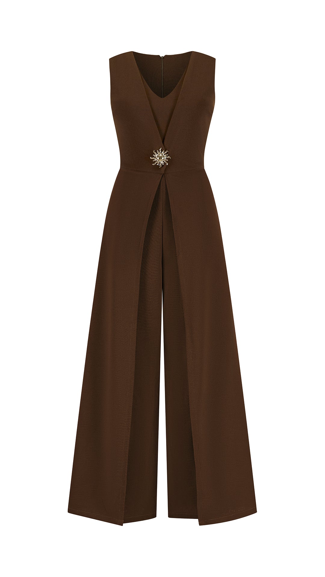 Tuta Intera Donna Senza Maniche a V, Pantaloni Zampa con Sovrapposto e Spilla Decorativa, Elegante per Eventi e Cerimonie