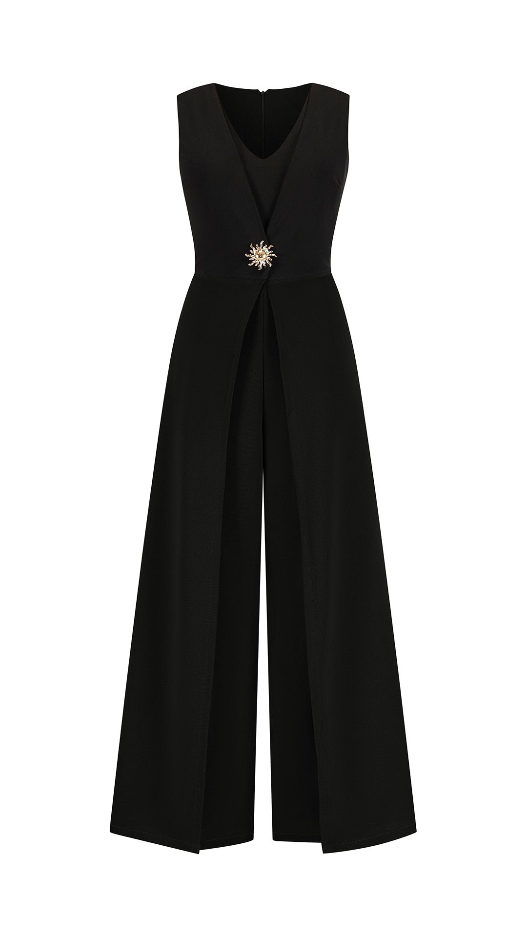 Tuta Intera Donna Senza Maniche a V, Pantaloni Zampa con Sovrapposto e Spilla Decorativa, Elegante per Eventi e Cerimonie